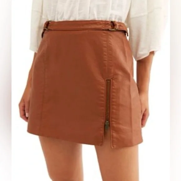 NWT Free People Faux Leather Mini Skirt Zip Slit Brown Festival Chic - Picture 2 of 12